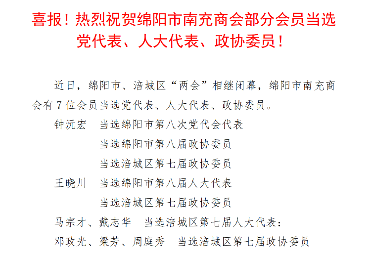 喜报！热烈祝贺绵阳市南充商会部分会员当选党代表、人大代表、政协委员！