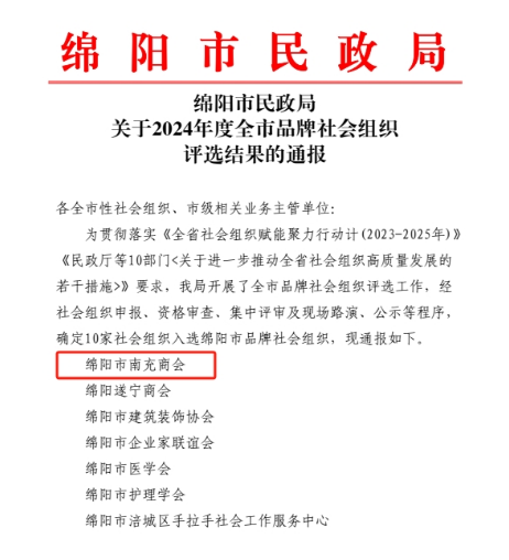 喜报！绵阳市南充商会荣获“绵阳市品牌社会组织”称号